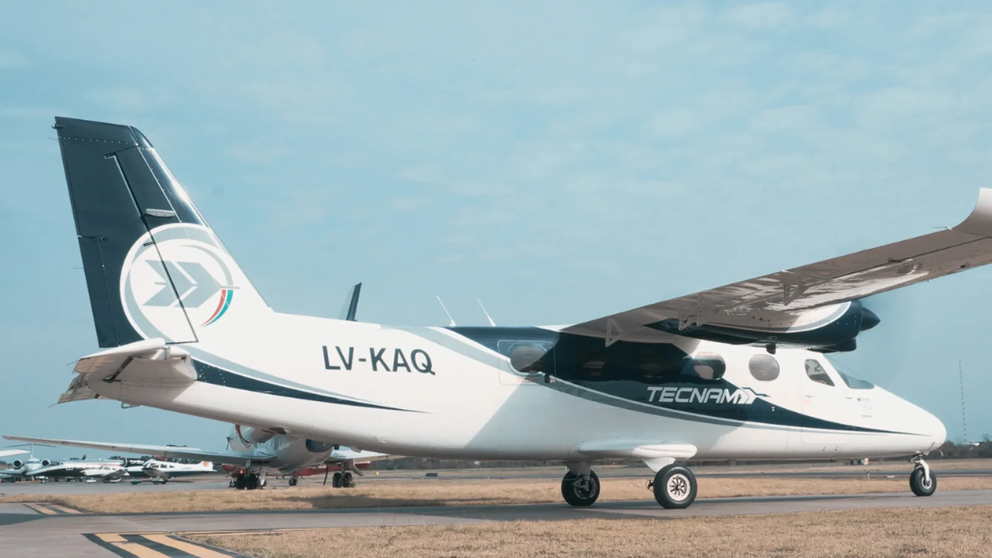 Twin-engine aircraft ready for departure on the runway