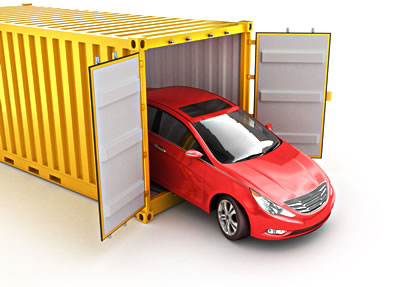 Car being transported in a container